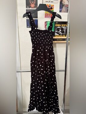 Primark Black Polka Dot Midi Dress Smocked Bodice Ruffle Straps